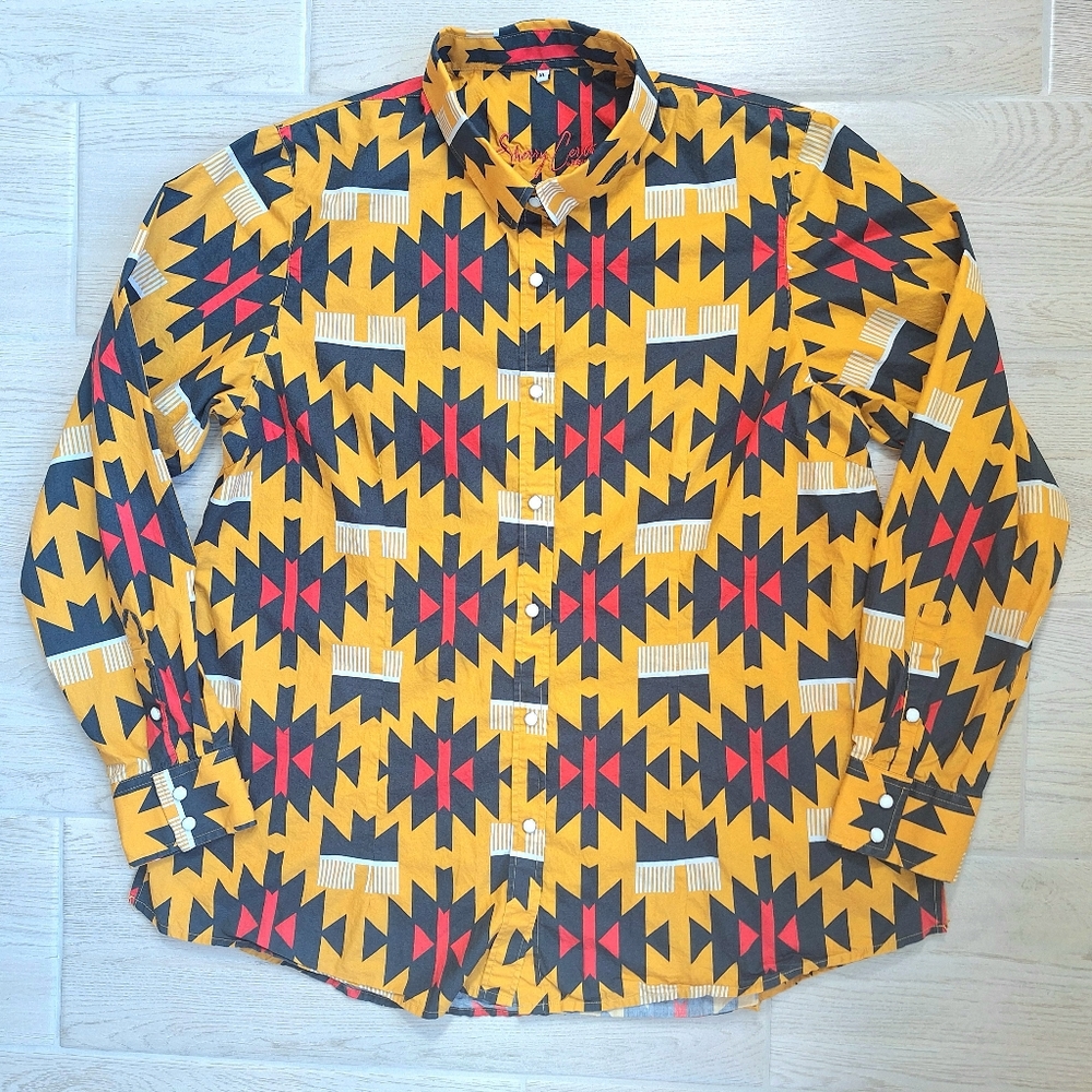 Sherry Cervi Resistol Women Western Yellow Aztec Pearl Snap Long Sleeve Shirt XL